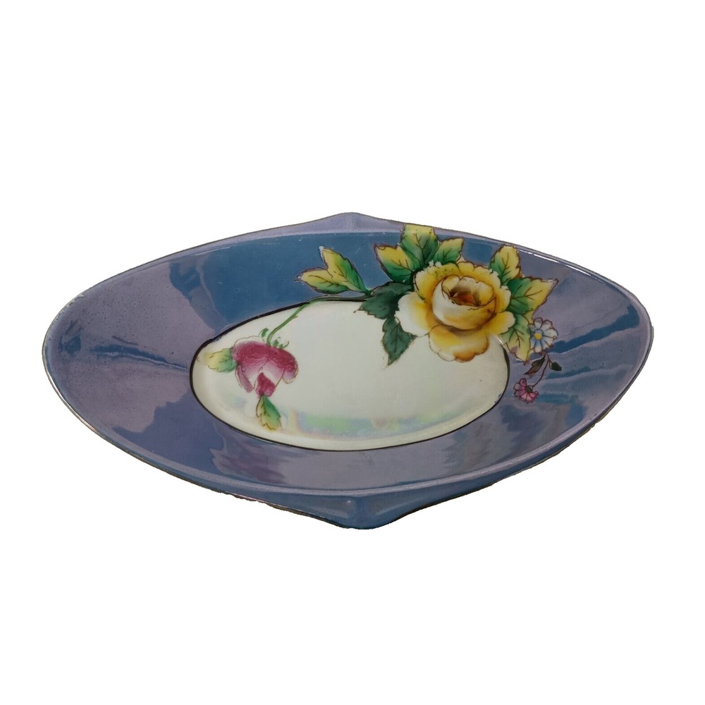 Antique Noritake Lusterware Hand Painted Porcelain Blue‎ Floral Candy Dish